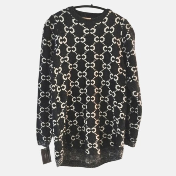 TRÏBE Black White Print Long Sleeve Crew Neck Sweater Size Large NWT - Picture 1 of 6